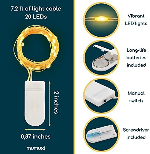 אורות מיתרים המופעלים על ידי פיות LED של Mumuxi נורות [חבילה 12] 7.2ft 20 נורות LED מופעלות על סוללה | אורות מיני,